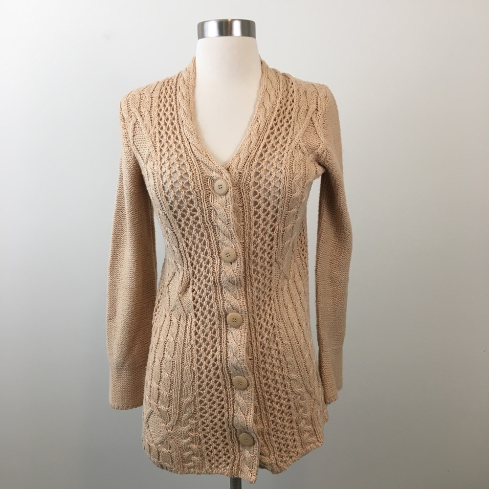 Sundance Beige Cable Knit Button-Front Cardigan